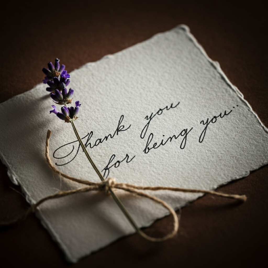 A close-up of a handwritten note on textured paper. The words "Thank you for being you" are clearly visible in elegant cursive. A small sprig of lavender is tied to the note with twine.