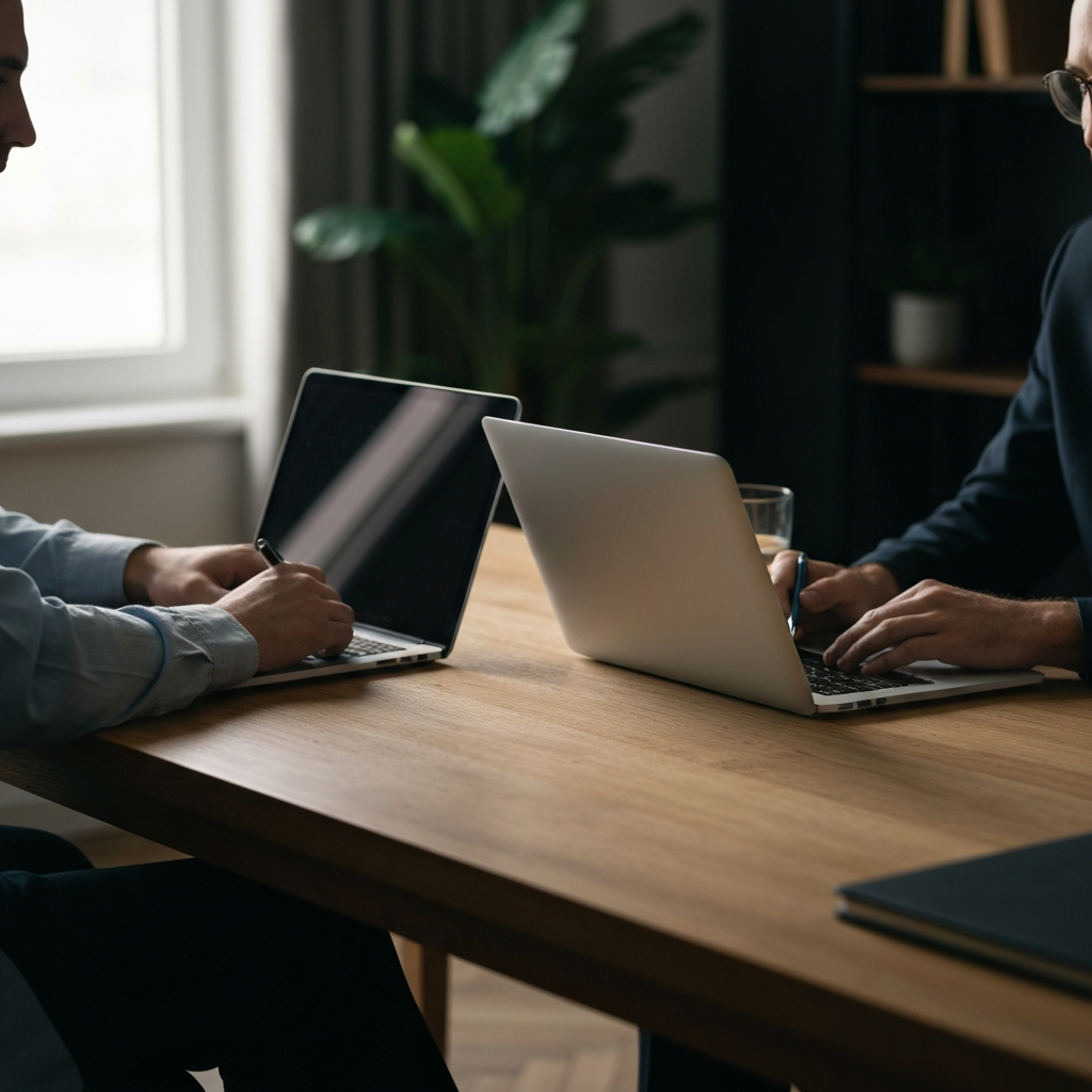 A softly lit living room. Two partners are sitting at a table, reviewing bank statements with laptops. The light reflects off the screen, highlighting the textures of the wood table.