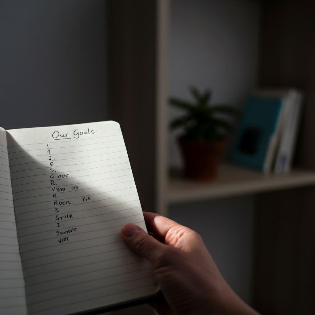 Close-up shot of a handwritten list on a notepad, titled "Our Goals". Soft focus on the background showing a bookshelf and a potted plant.