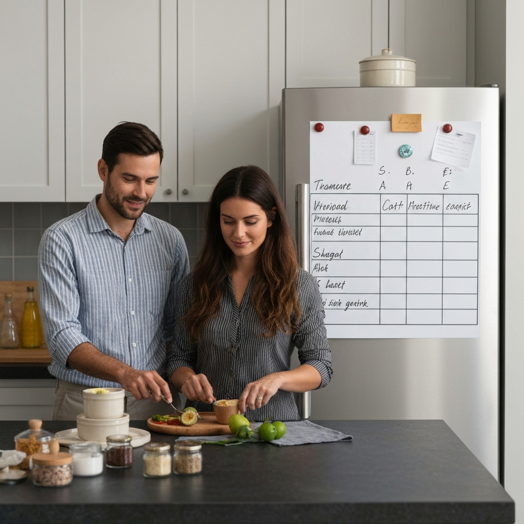 A stylishly decorated kitchen. Two partners are preparing a meal together, with a visible chart on the refrigerator outlining their individual contributions to shared expenses.