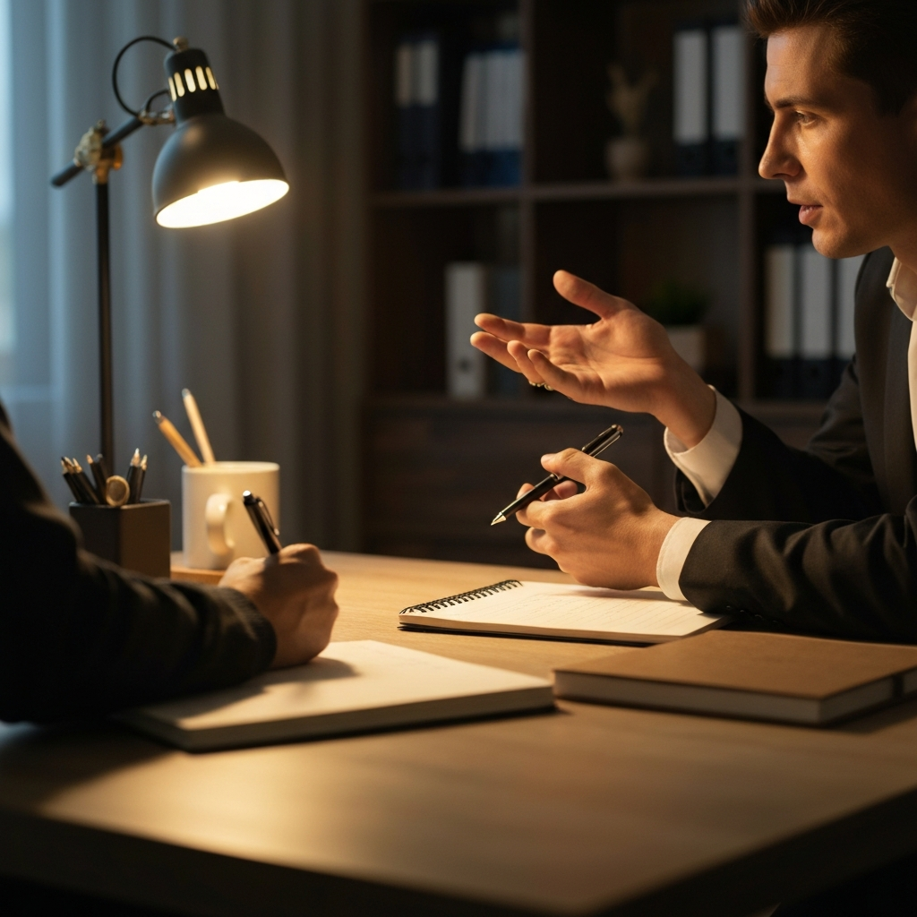 A cozy home office with warm lighting. Two partners are engaging in a serious conversation, with a notebook and pen visible on the desk, indicating they are documenting their agreements.