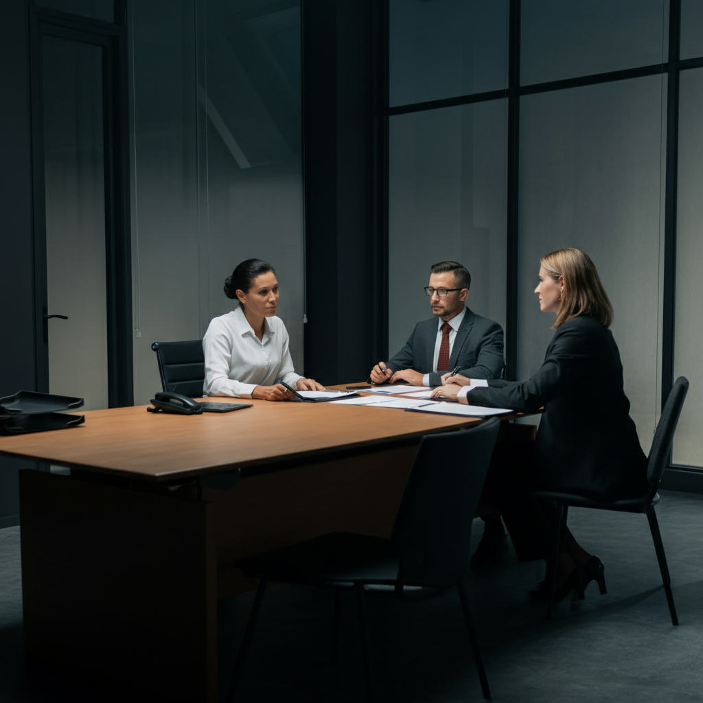 A professional looking office space, with a financial advisor meeting with two partners at a large desk, papers neatly organized and spread between them.