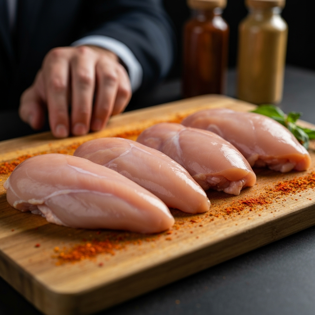 Close-up shot of raw chicken breasts and thighs arranged on a wooden cutting board, sprinkled with vibrant spices. Soft, diffused lighting highlights the textures of the meat and seasoning.
