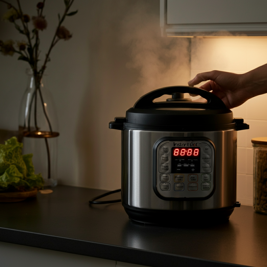 Medium shot of a stainless-steel Instant Pot on a kitchen counter, with steam gently escaping from the valve. A hand reaches to adjust the pressure setting. Warm, diffused light fills the frame.