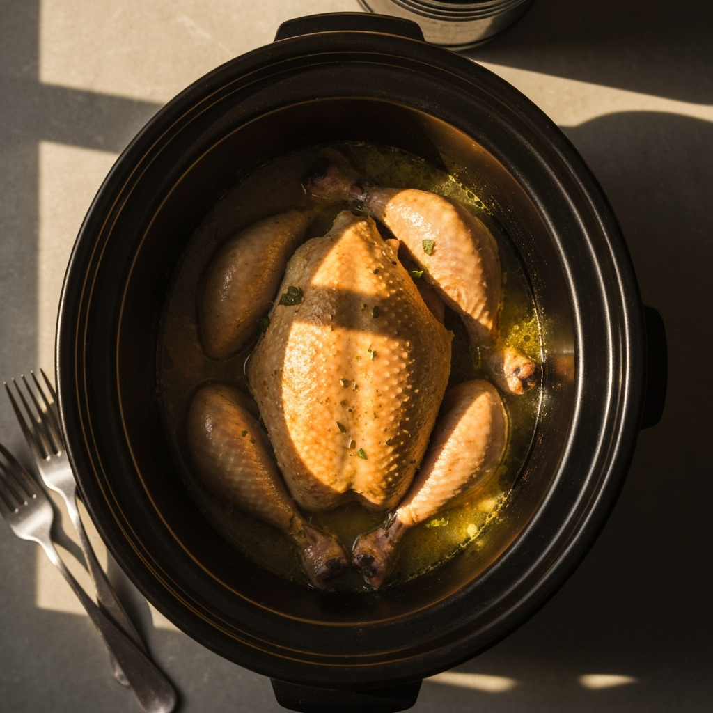 Overhead shot of a slow cooker filled with cooked chicken, simmering gently in broth. Golden hour lighting casts long shadows across the textured surface of the chicken. Two forks rest beside the pot.
