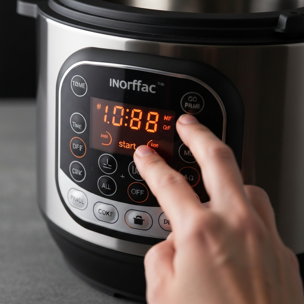 Close-up of an Instant Pot control panel displaying cooking time and pressure settings. A hand presses the "start" button. Soft focus and shallow depth of field emphasize the panel's details.
