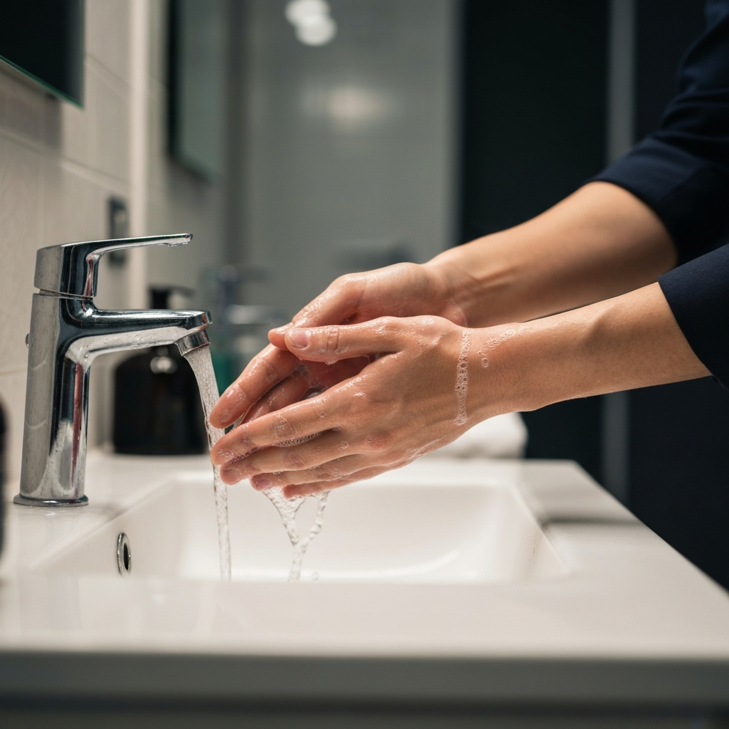 Close-up shot of clean hands being thoroughly washed with soap under running water, with a soft-focus background showcasing a well-lit bathroom sink.