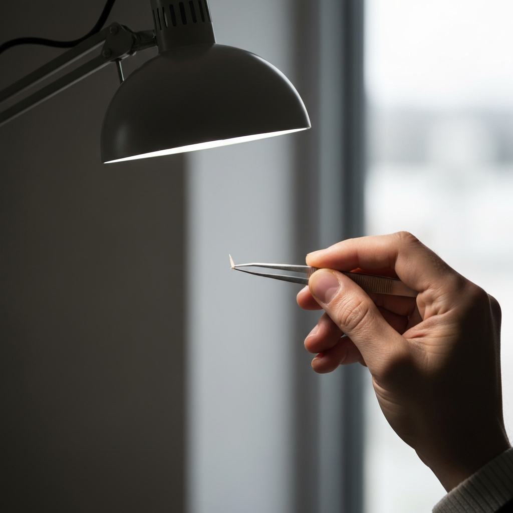 A hand holding a pair of sterilized tweezers carefully grasping a small splinter embedded in skin, illuminated by a focused desk lamp creating soft shadows.