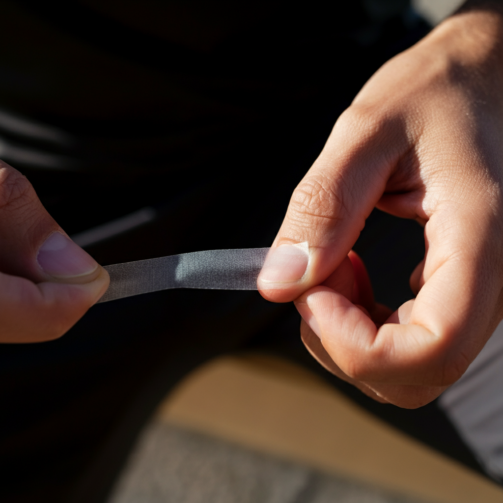 A close-up shot of a finger with a piece of clear tape being gently applied over a barely visible splinter, with the tape's texture subtly emphasized under natural daylight.