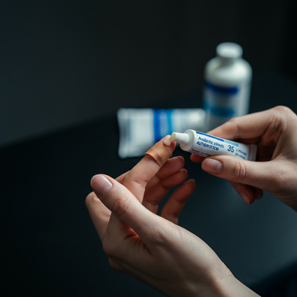 A clean, bandaged finger after splinter removal, with a tube of antibiotic ointment and antiseptic wipes subtly visible in the blurred background.