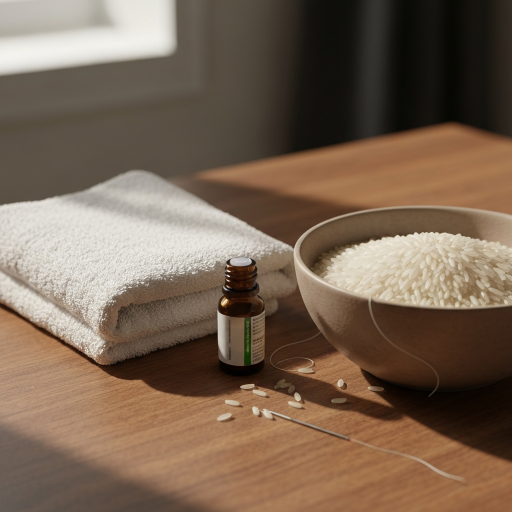 Close-up shot of neatly arranged supplies on a wooden table: a folded cotton towel, a bowl filled with uncooked rice, a small bottle of essential oil, and a needle and thread. Soft, natural light streams in from a window, highlighting the textures of the fabric and rice.