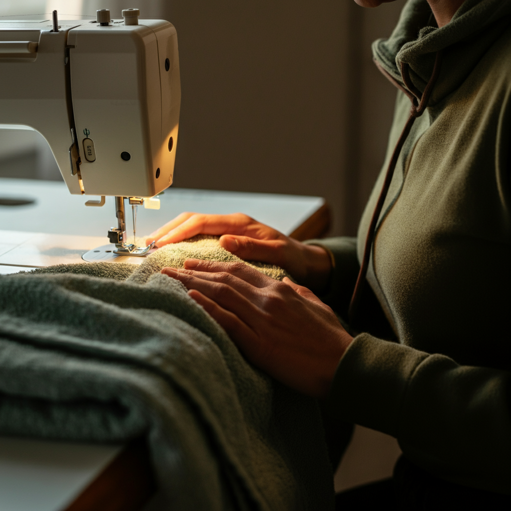 A sewing machine stitching along the edge of a folded towel. The image is side-lit, emphasizing the texture of the fabric and the detail of the stitching. A blurred background suggests a bright, organized sewing space.