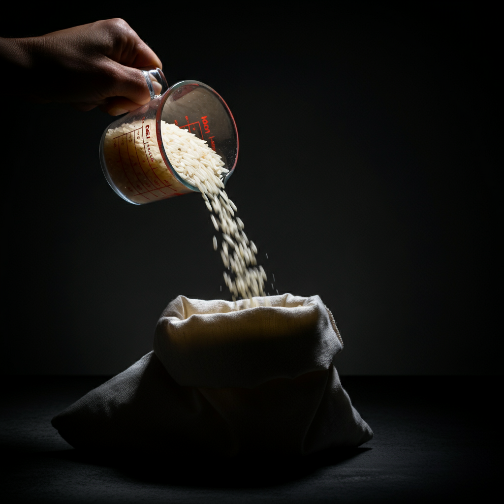 A hand pouring uncooked rice from a measuring cup into a partially sewn fabric pouch. The rice is brightly lit, showing the individual grains. Soft bokeh in the background.