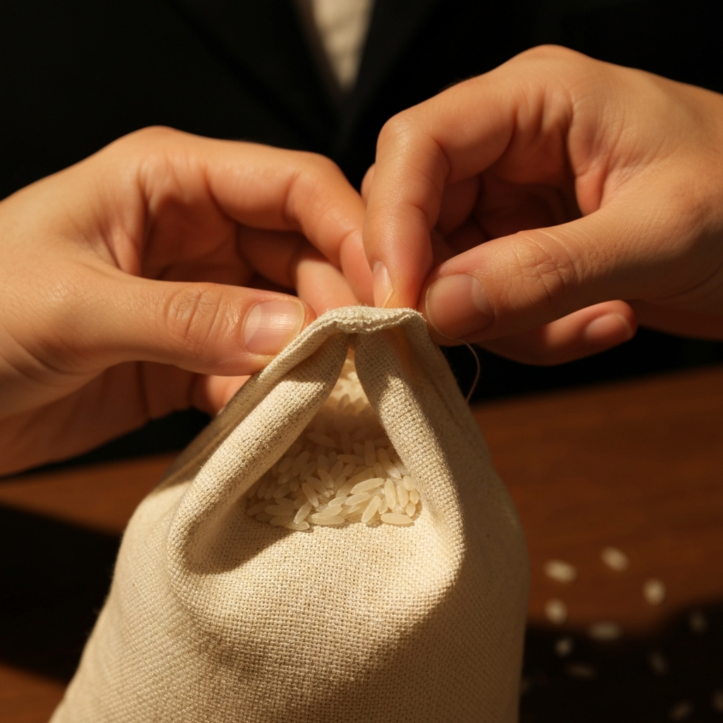 Close-up shot of a hand sewing the final seam of a fabric pouch filled with rice. The lighting is soft and warm, highlighting the detail of the stitching and the texture of the fabric.