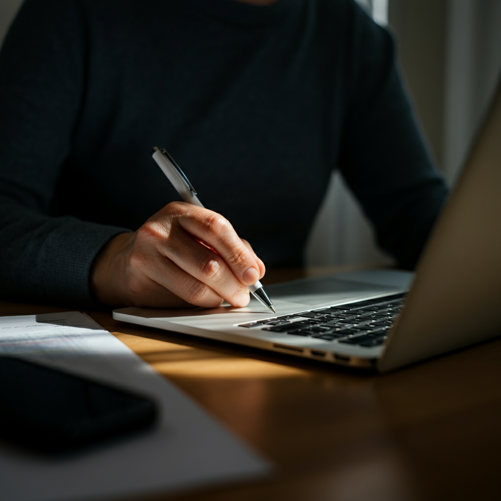 A close-up of a hand writing figures into a spreadsheet on a laptop, illuminated by natural light from a nearby window. Soft focus on the background, emphasizing the focused hand and screen.