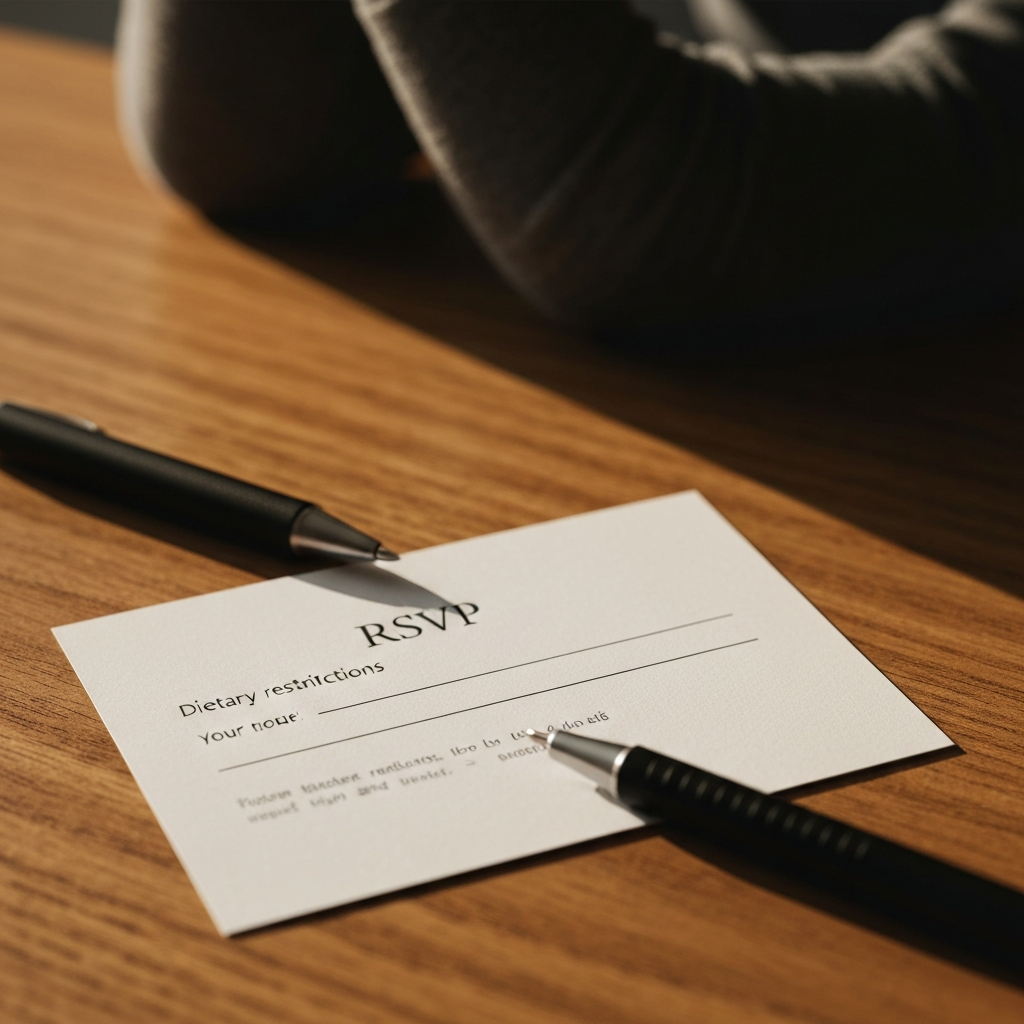 A close-up of an RSVP card with a field for dietary restrictions clearly visible. The card is lying on a wooden table, with a pen resting beside it. Soft, diffused light creates a gentle contrast.