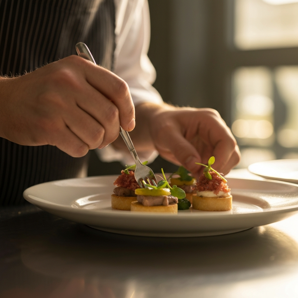 A close-up of a chef's hands expertly plating a beautifully arranged appetizer. Soft bokeh in the background highlights the delicate details of the food. Golden hour lighting creates a warm, inviting feel.