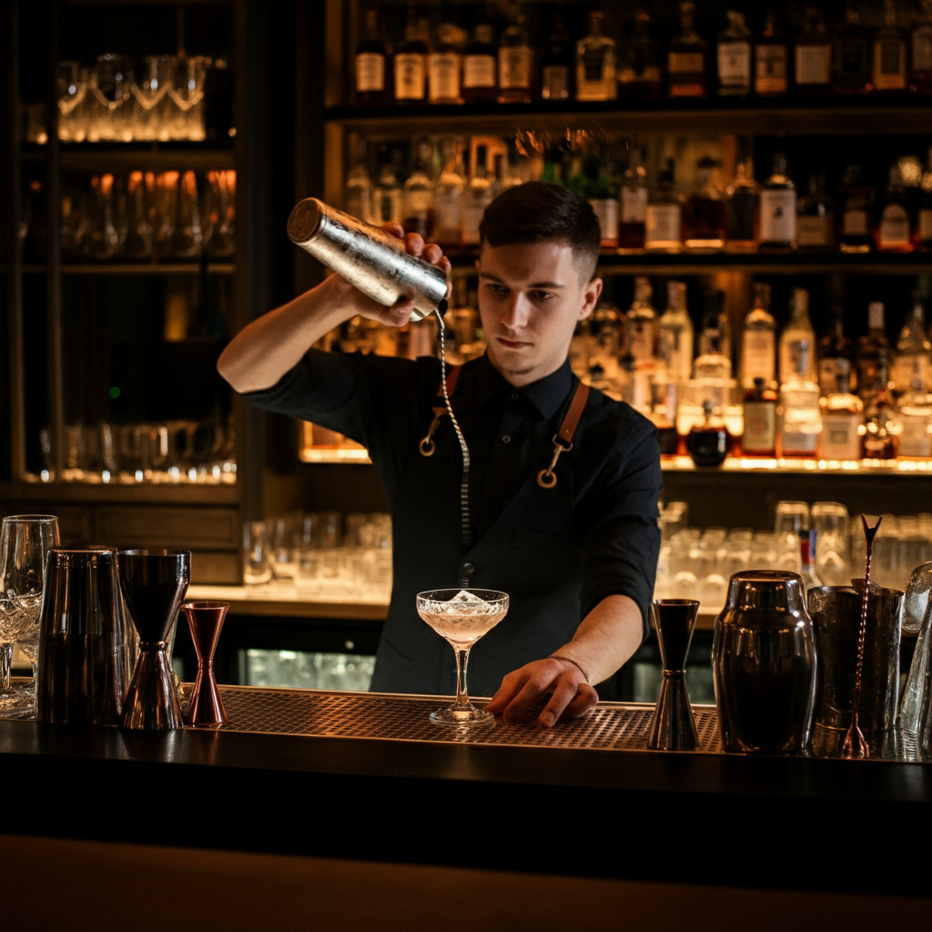 A bartender expertly mixing a cocktail behind a well-lit bar. Bottles are neatly arranged, and glassware sparkles under the light. Soft focus creates a sense of elegance and professionalism.