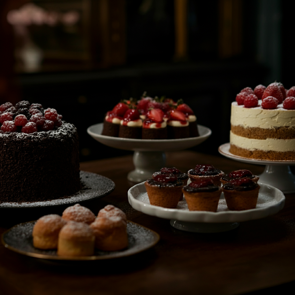 A beautifully displayed dessert table with a variety of cakes, pastries, and other sweets. Soft, diffused lighting highlights the textures and colors of the desserts. Elegant serving dishes add to the visual appeal.