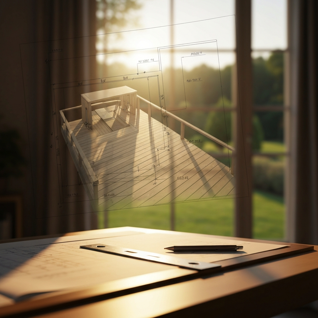Architect's blueprint of a deck overlaid on a soft-focus background of a manicured backyard during golden hour. The drawing table has a set square and a mechanical pencil, illuminated by warm, diffused light from a nearby window.