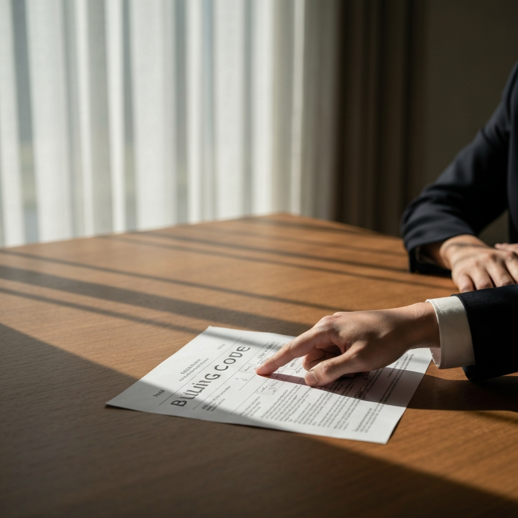A hand points to a section of a building code document spread across a wooden table. Sunlight filters through sheer curtains, highlighting the texture of the paper.