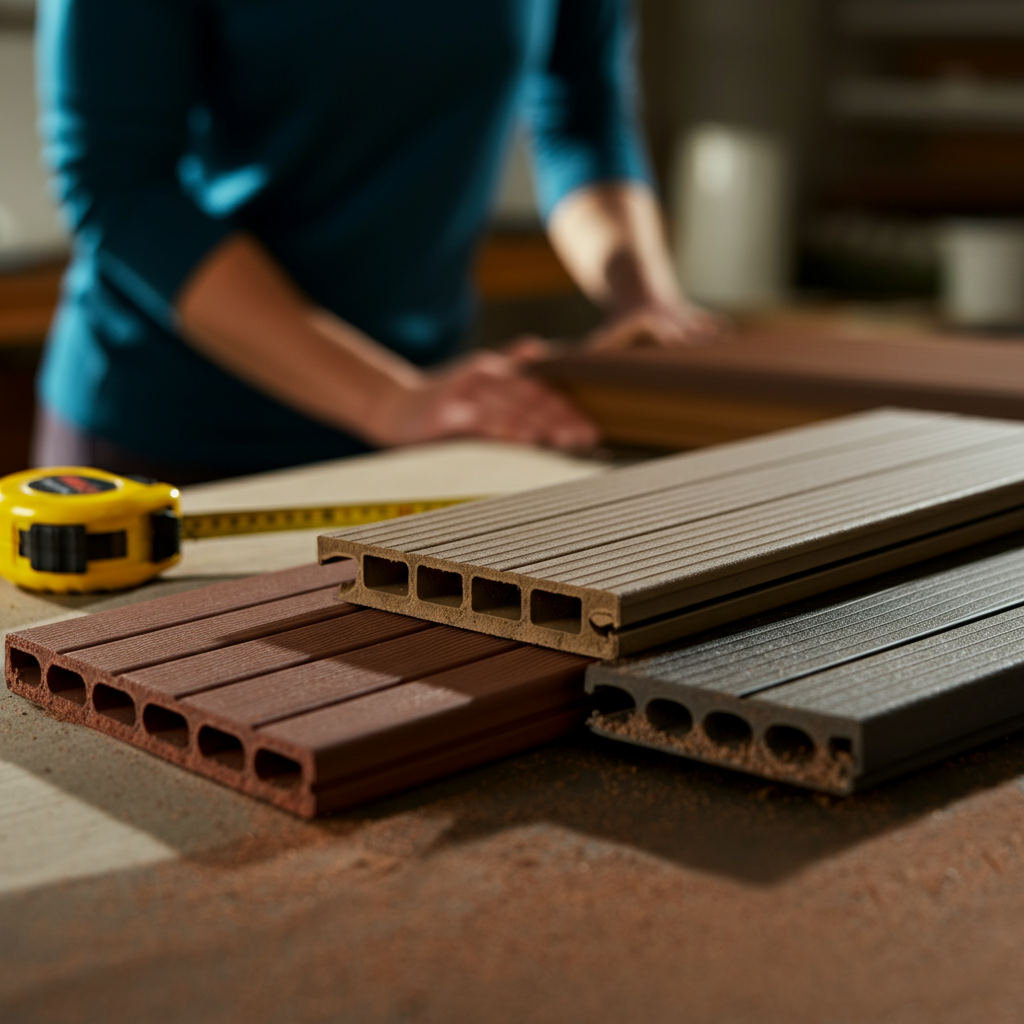 Close-up of several composite decking samples with varying textures and colors, arranged on a brightly lit workbench. A tape measure and a small hand saw are visible nearby.