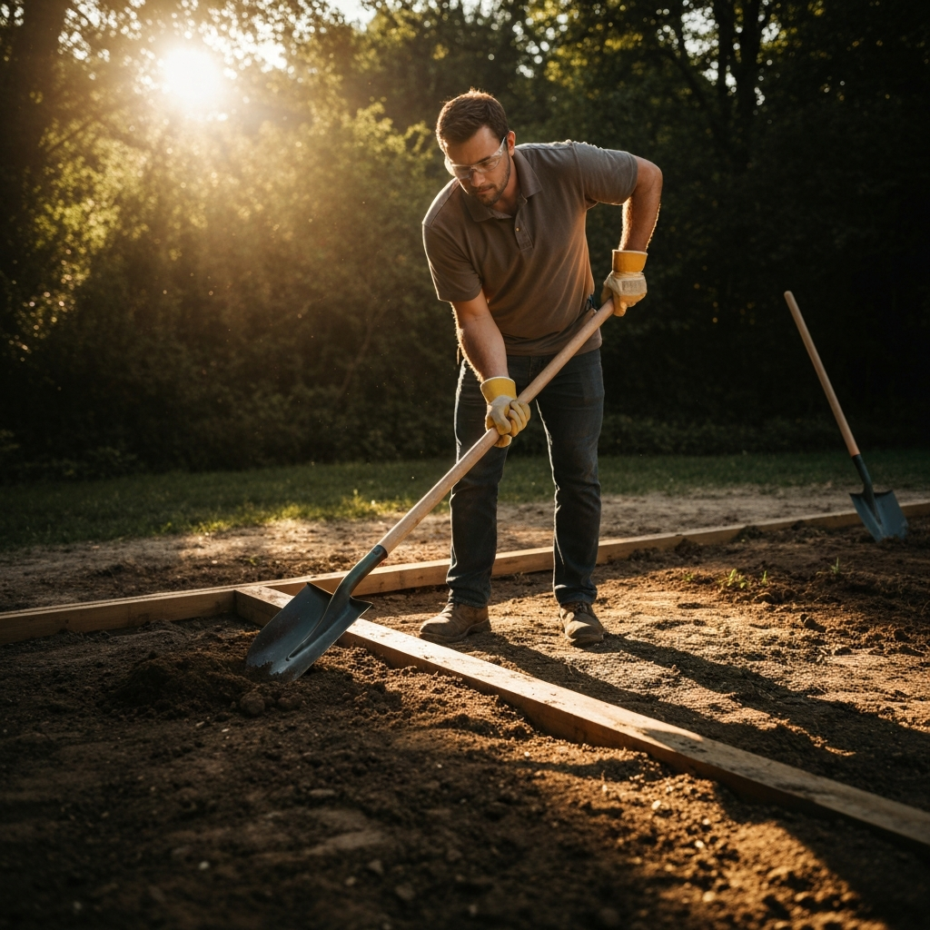 A worker wearing safety glasses and work gloves is using a shovel to level the ground in preparation for deck construction. The ground is mostly clear of vegetation, and sunlight streams through the trees, creating long shadows.