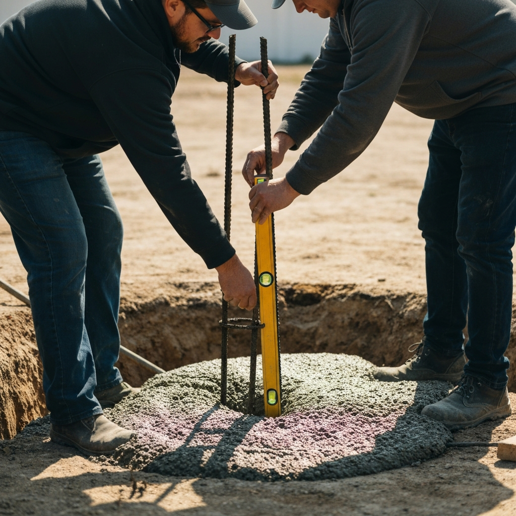 Two workers are pouring concrete into a footing hole, with rebar visible inside. One worker holds a level against a form, ensuring it's perfectly vertical. The scene is shot during the day with bright, natural light.