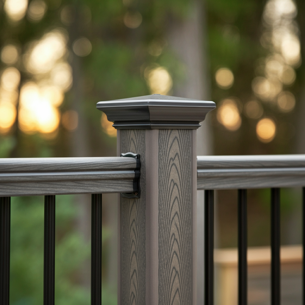 Close-up of a completed section of composite railing, showcasing the details of the posts, rails, and balusters. The railing is set against a blurred background of trees and sky.