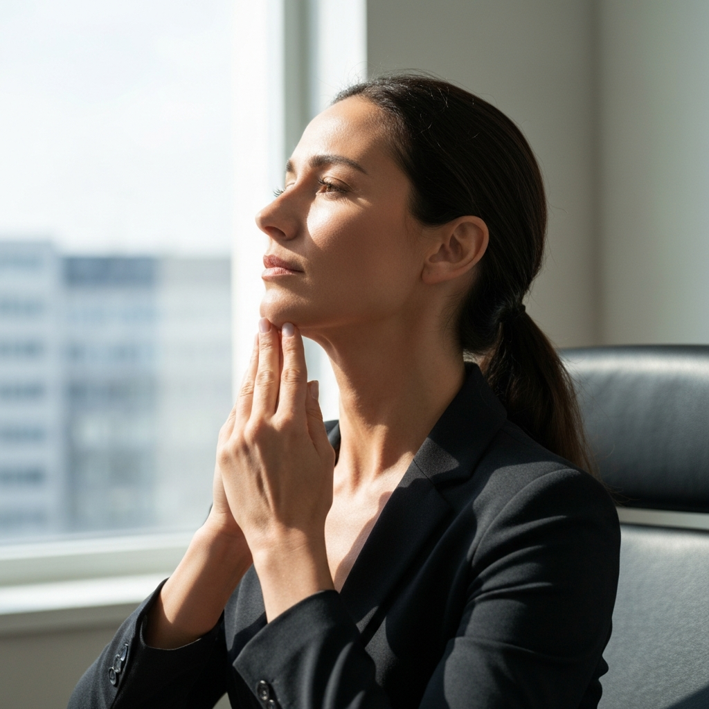 Close-up of a woman sitting in a well-lit office, performing a chin tuck exercise. Her posture is straight, and her expression is focused. Soft, natural light from a nearby window illuminates her face, highlighting the gentle contraction of her neck muscles. The background is blurred, creating a professional and unobtrusive setting.