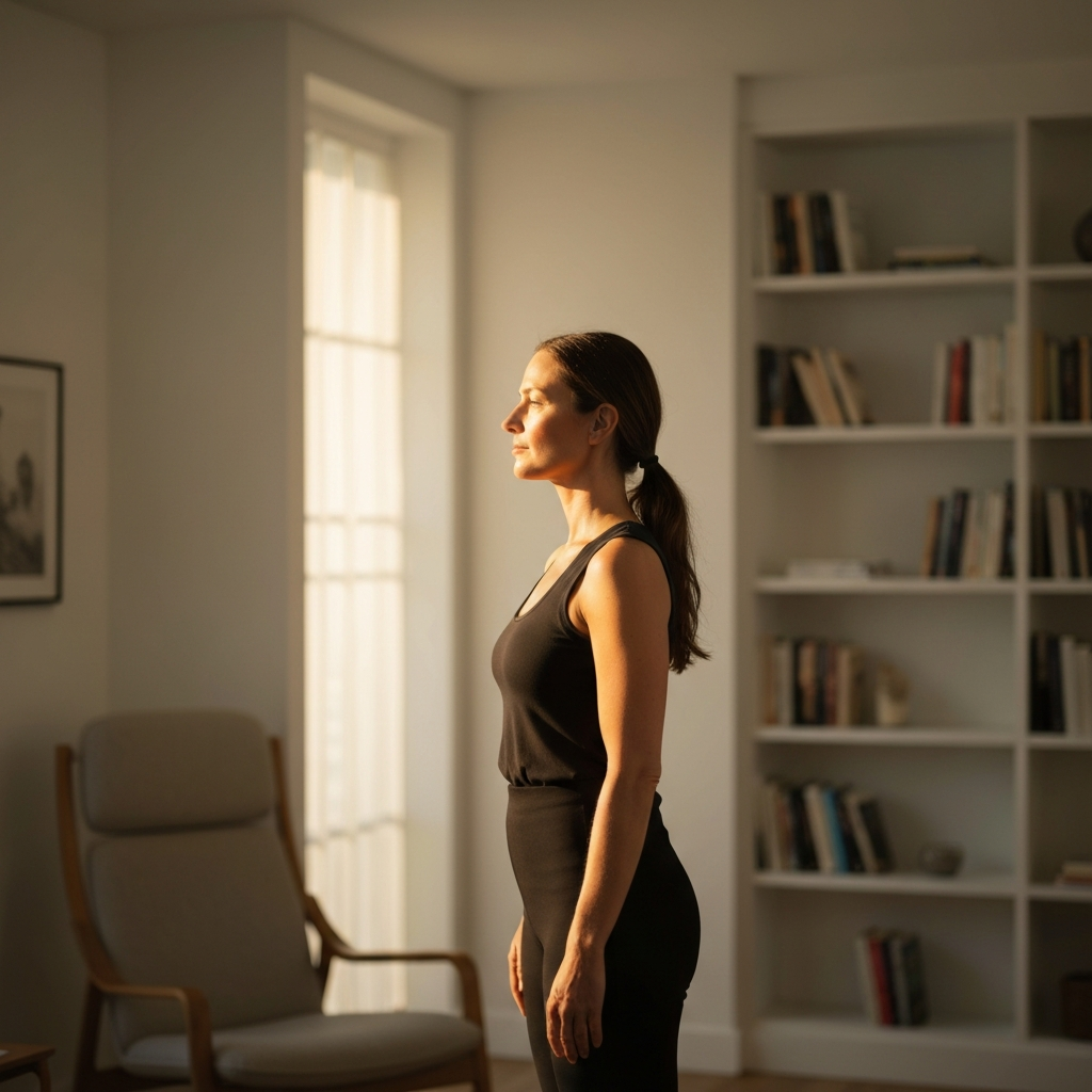 A woman standing in a brightly lit living room, performing the "ceiling kisses" exercise. She is facing the window, and soft golden hour lighting illuminates her face. The background includes a blurred bookshelf and a comfortable armchair, creating a relaxed and inviting atmosphere.