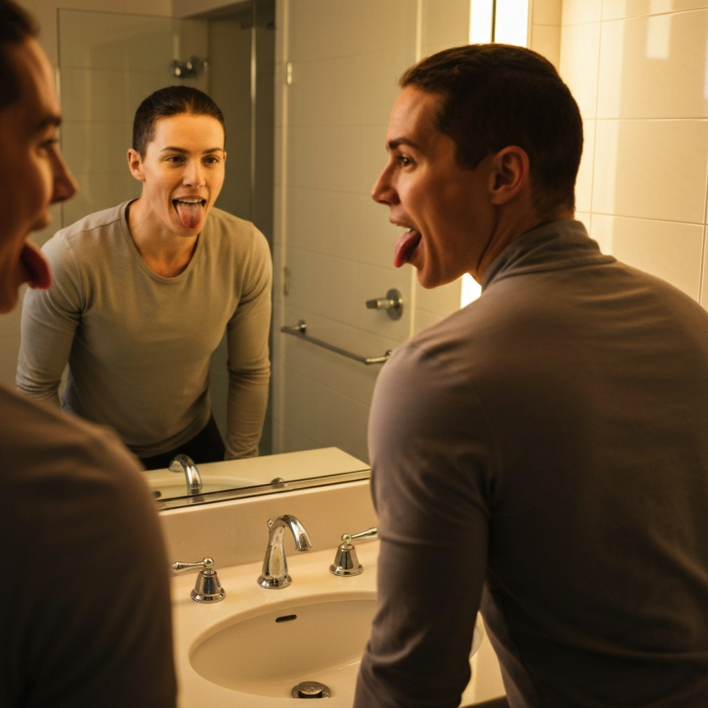 A person in a brightly lit bathroom, sticking their tongue out while looking in the mirror. The bathroom has clean, modern fixtures, and the mirror reflects a clear image of the person's face. Side-lit textures highlight the facial muscles.