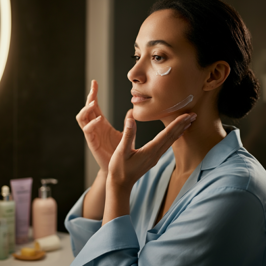 A woman in a well-lit bathroom, gently applying cream with N-acetyl glucosamine to her neck. The lighting is soft and diffused, and the focus is on her hands and neck. The background includes blurred toiletries and a clean countertop.