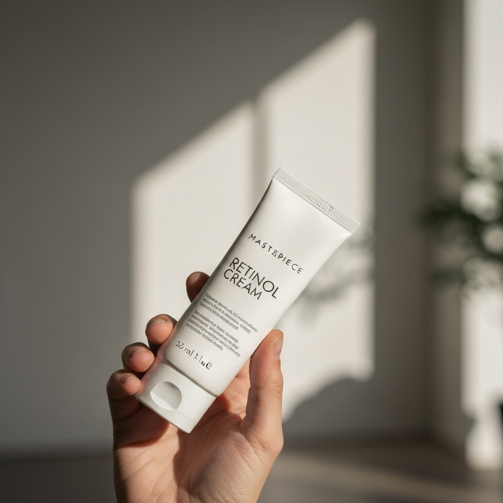 A close-up shot of a hand holding a tube of retinol cream, with the focus on the texture of the cream and the packaging. The background is blurred, and the lighting is soft and diffused, creating a sense of luxury and sophistication.