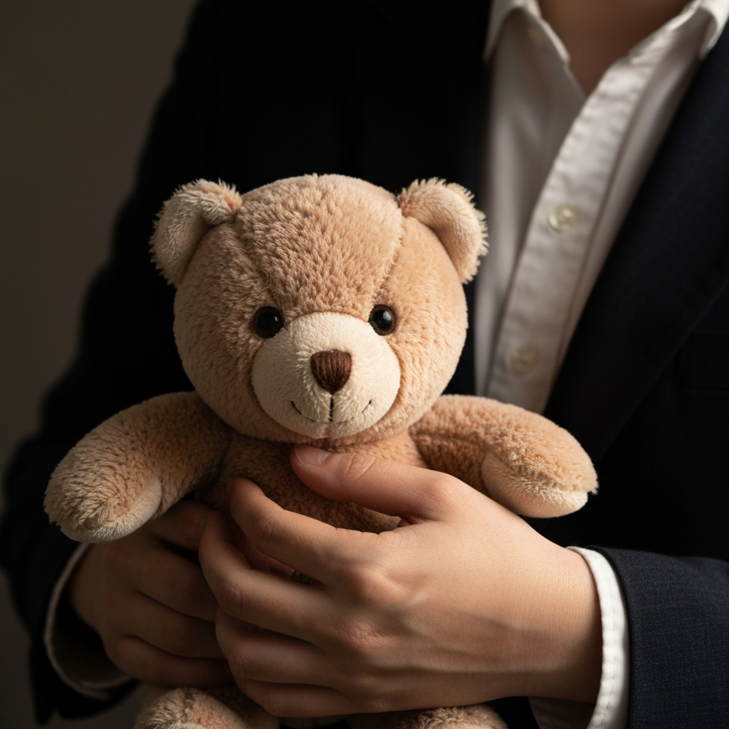 Close-up shot of a person gently holding a small, well-loved plush bear. Soft side-lighting emphasizes the texture of the fur and highlights the details of the bear's face, creating a warm and inviting atmosphere.