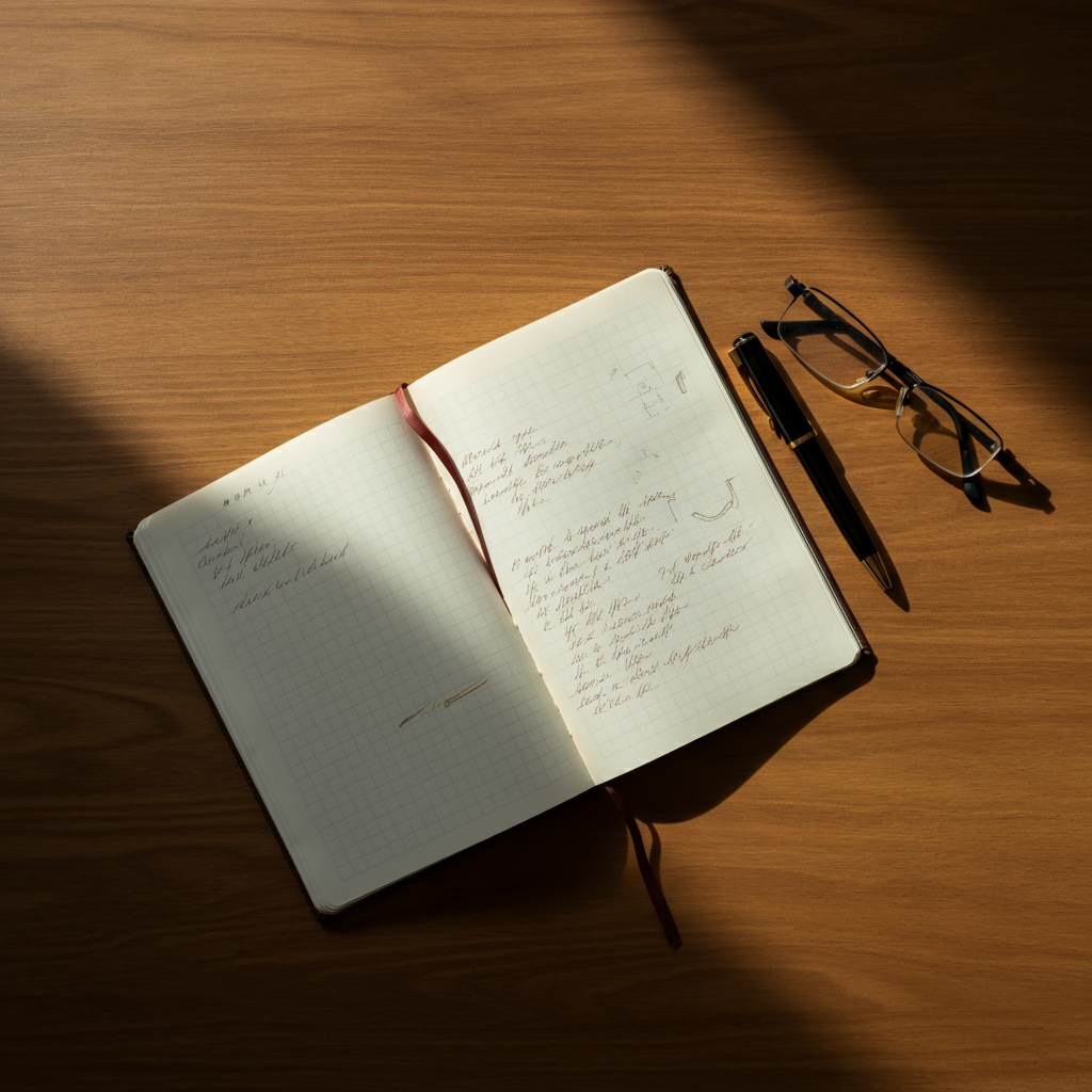 Overhead shot of a notebook lying open on a wooden desk. The notebook is filled with handwritten words and doodles. A pen rests beside it, and a pair of reading glasses are casually placed on the desk. Natural window light illuminates the scene.