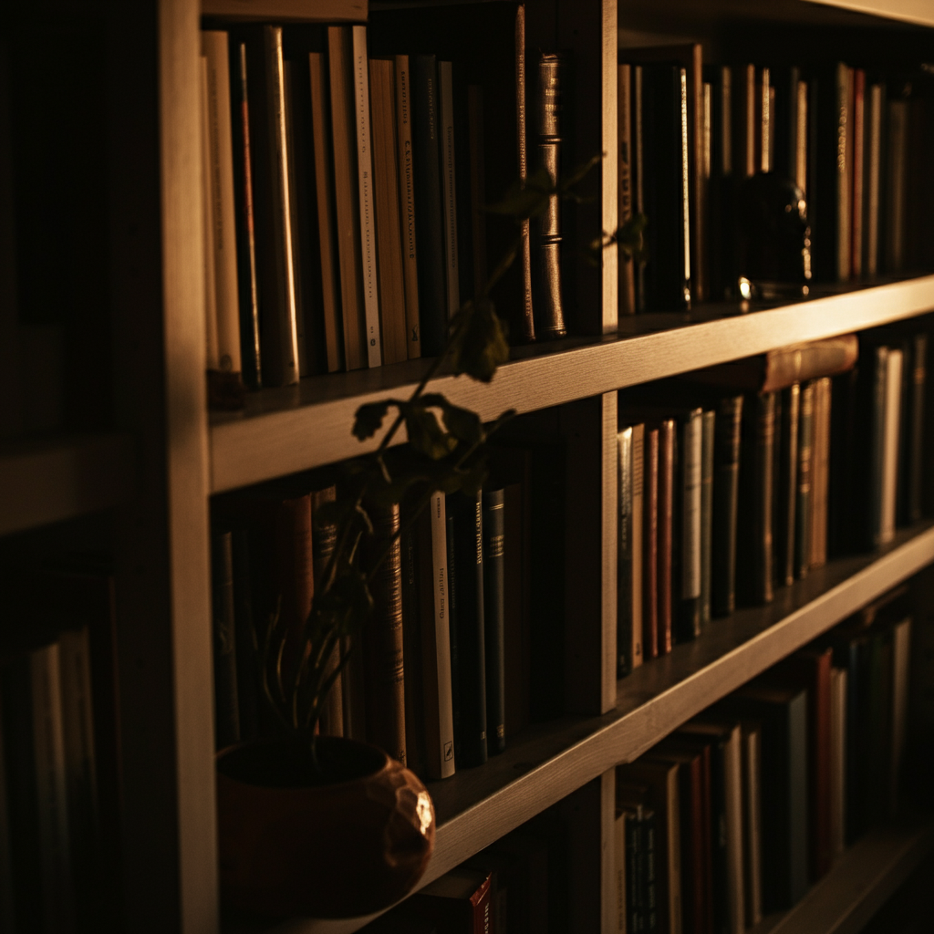 A bookshelf filled with a diverse collection of books. The books are arranged neatly, with a few carefully chosen decorative items placed among them. Soft, diffused lighting creates a sense of warmth and invitation, suggesting a place of comfort and knowledge.