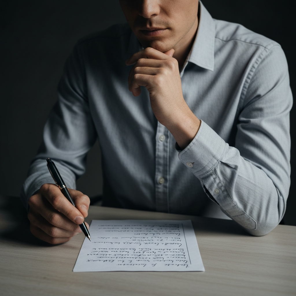A person sitting at a table, thoughtfully reviewing a handwritten list. They are holding a pen and gently tapping it against their chin, as if contemplating their options. The lighting is soft and focused, drawing attention to the person's face and the list in front of them.