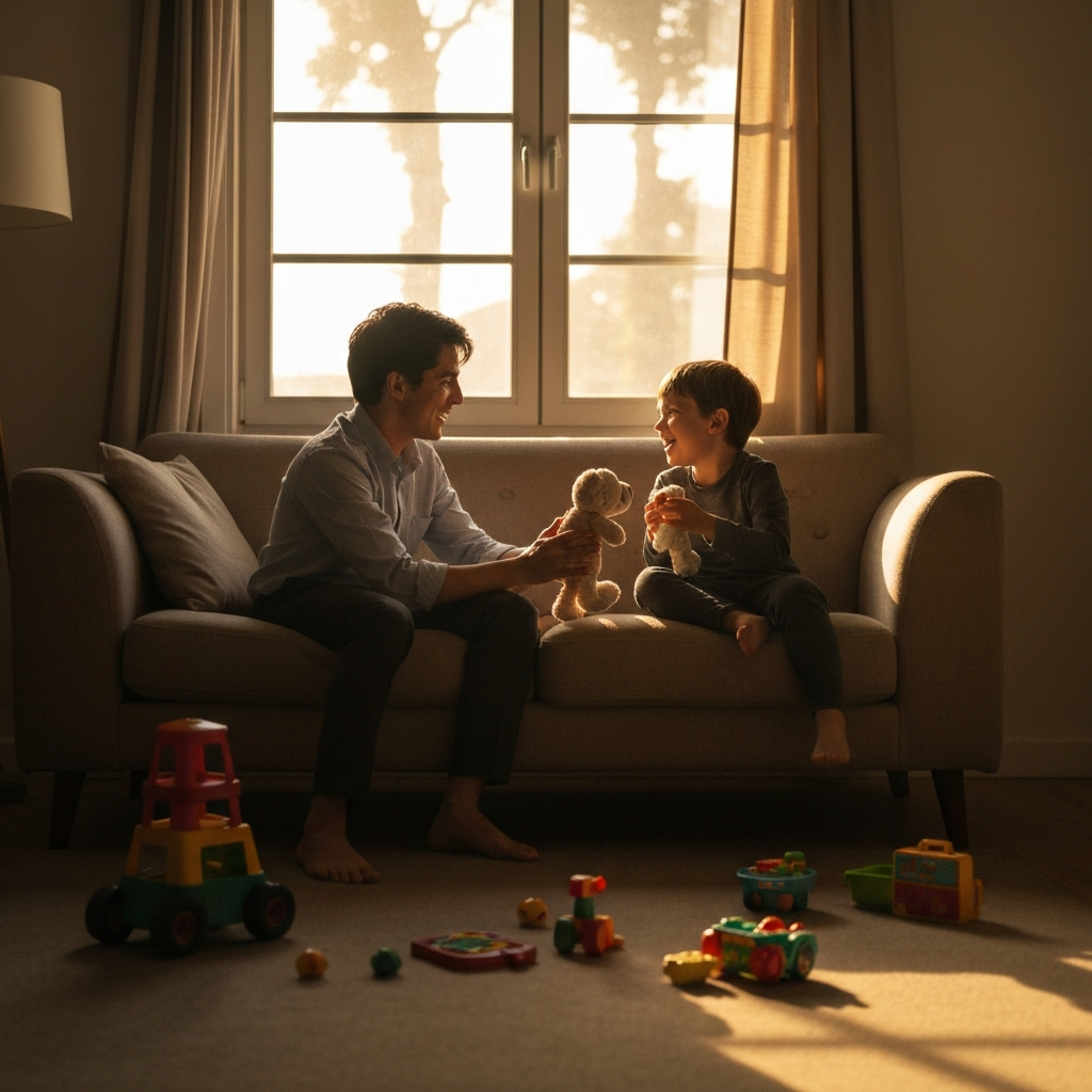 A brightly lit living room. A child is playing happily with a stuffed animal, seemingly in conversation. Toys are scattered around, creating a sense of playful energy and joy. Golden hour lighting filters through the window, adding warmth to the scene.