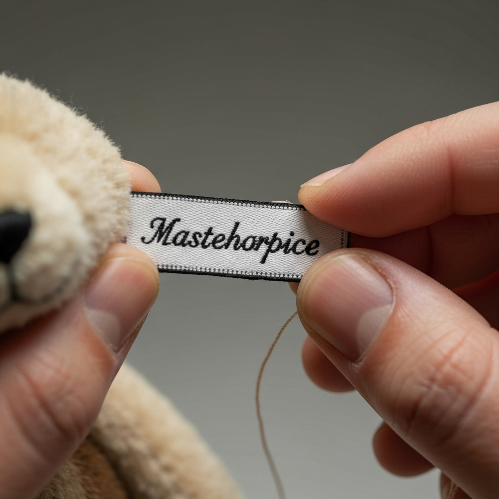 Close-up of a small, embroidered tag being carefully sewn onto a stuffed animal. The tag displays the name of the animal in a delicate, elegant font. The lighting is focused and precise, highlighting the craftsmanship and attention to detail.