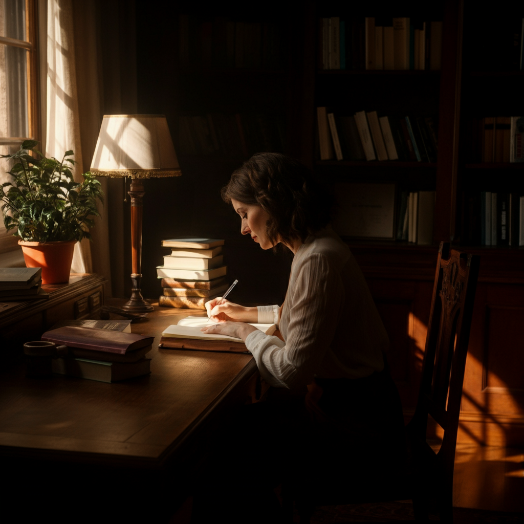 A softly lit study room. A woman sits at a wooden desk, writing in a leather-bound journal. Sunlight streams through a window, casting long shadows on the floor. The room is filled with books and plants, creating a serene and contemplative atmosphere.