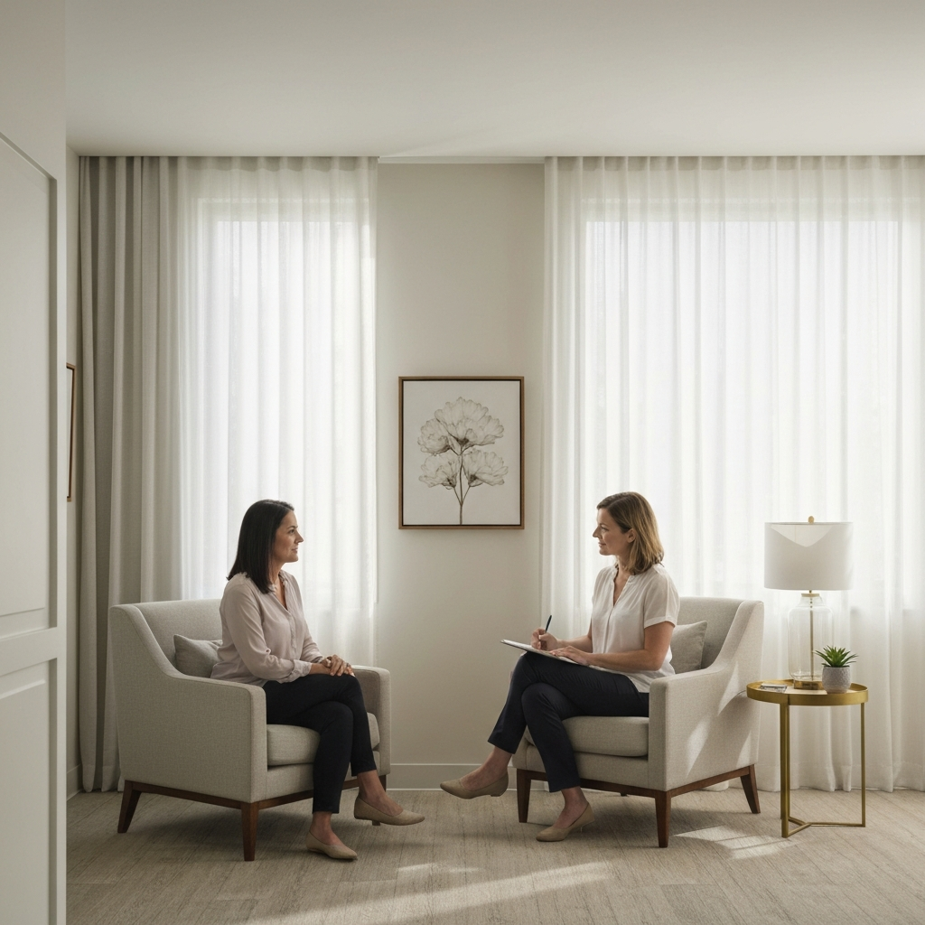 A therapist's office. A woman sits on a comfortable armchair, facing a therapist who is taking notes on a notepad. The room is decorated with calming artwork and soft, natural light filters through sheer curtains.