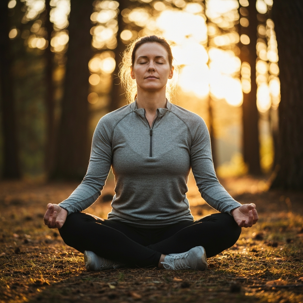 A person meditating outdoors in a forest clearing. Golden hour lighting creates a warm glow around the trees. The person is sitting in a cross-legged position with their eyes closed, appearing peaceful and serene. Soft bokeh in the background.