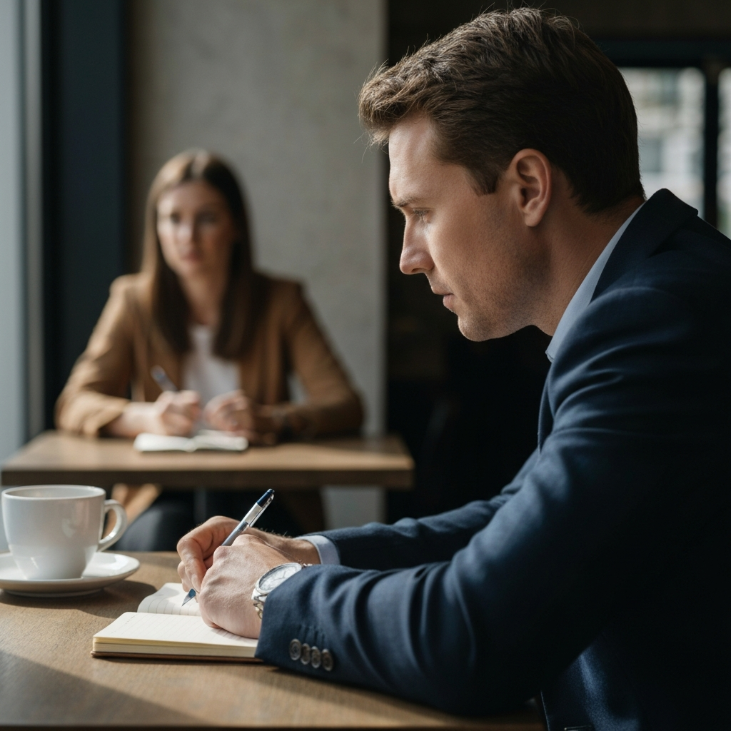 A person is sitting at a cafe table, observing another person across the room. Soft, natural light illuminates the scene, highlighting the observer's focused expression. The observer is taking notes in a small notebook. Focus on the texture of the notebook and the subtle details of their clothing.