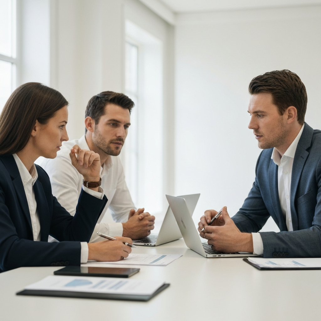 Two colleagues are engaged in a discussion around a conference table, with laptops and documents visible. The light is diffused and even, creating a professional atmosphere. One colleague is leaning forward, listening intently to the other. The focus is on their hands and facial expressions.