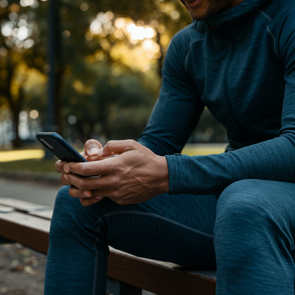 A person is casually browsing on their smartphone, sitting on a park bench. The light is dappled, filtering through the trees above. The phone screen is blurred, but the focus is on the person's relaxed posture and slight smile.