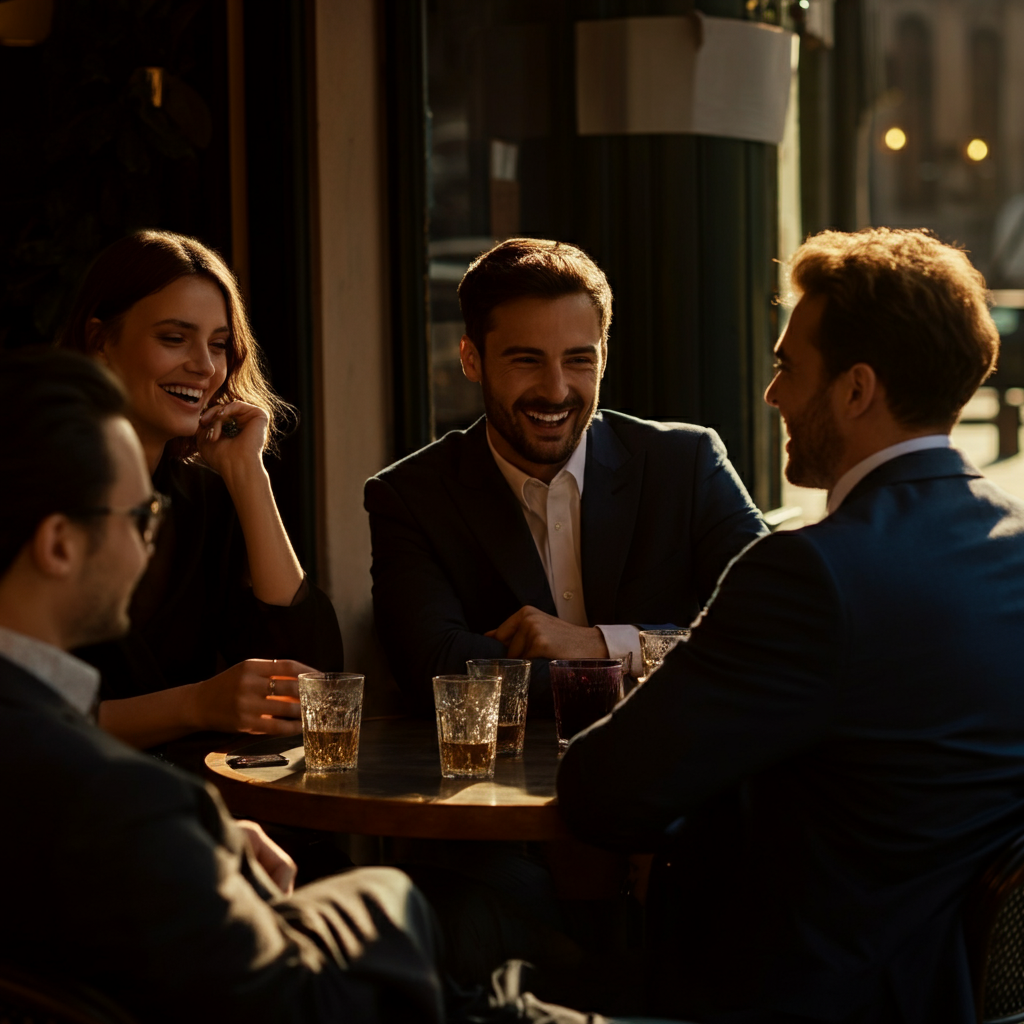 A group of friends are gathered at an outdoor cafe, laughing and talking. Golden hour lighting casts warm shadows across the scene. The camera focuses on two individuals within the group who are subtly interacting with each other through eye contact and gestures.