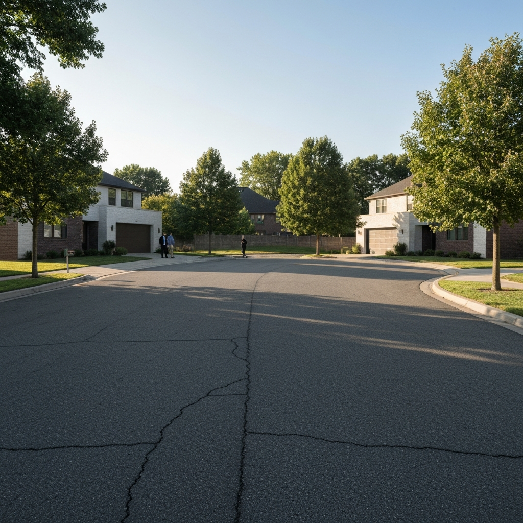 A wide shot of a quiet cul-de-sac on a sunny afternoon, showcasing a clean asphalt surface with minimal cracks. Two people are faintly visible in the background, casually walking on the sidewalk.