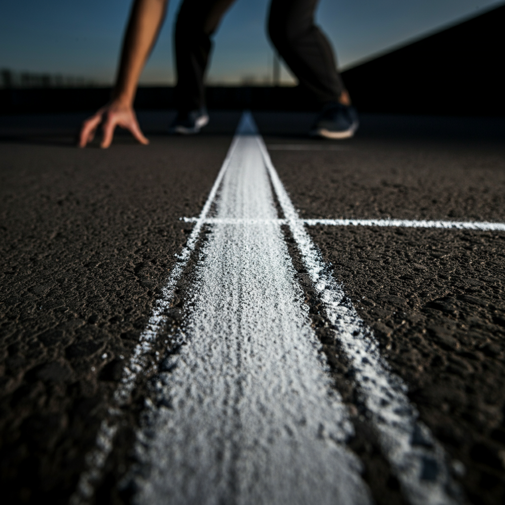 Close-up shot of a bright white chalk line drawn on dark asphalt. The texture of the chalk and the asphalt are clearly visible, side-lit for enhanced detail.