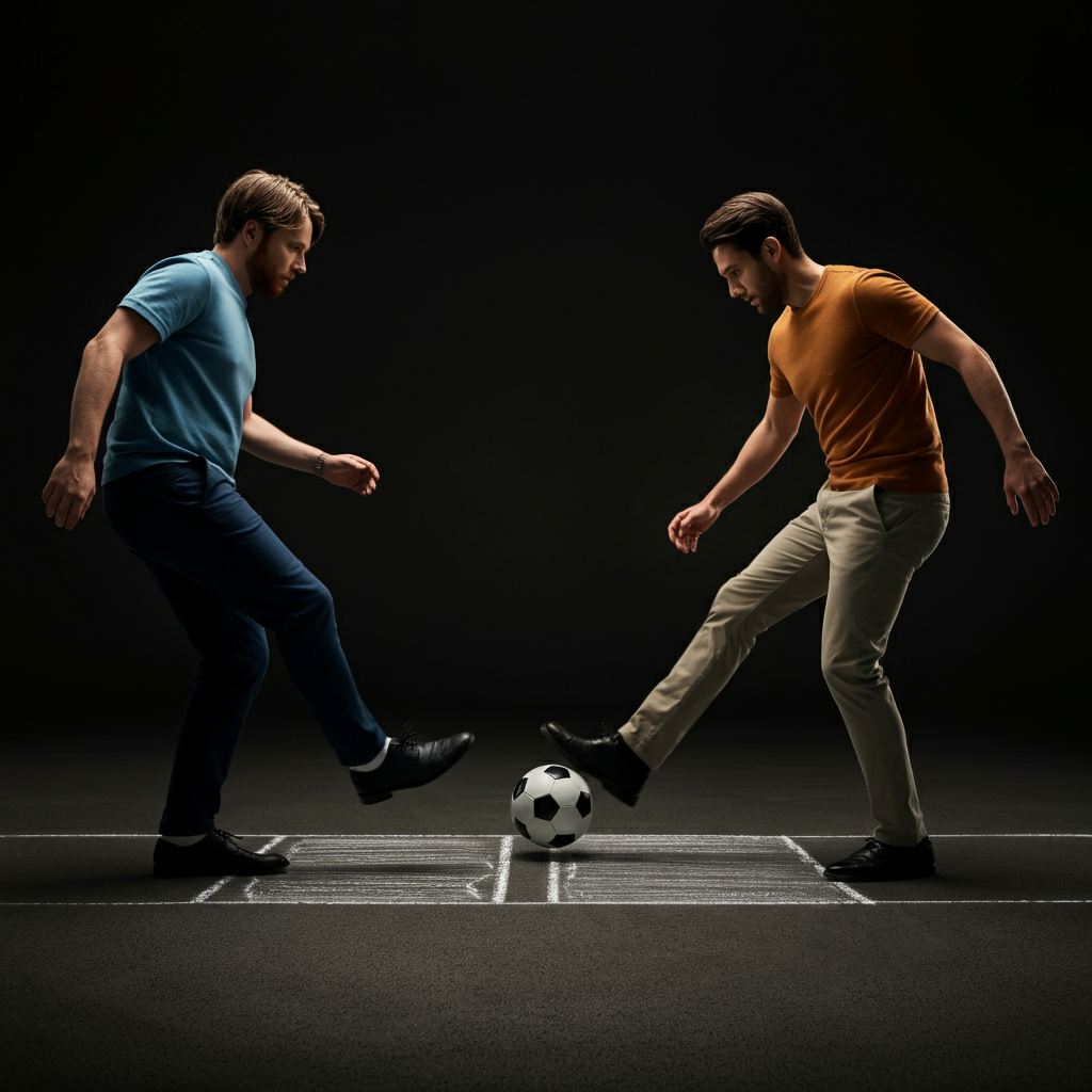 Two people facing each other across a chalk line drawn on asphalt. One person is in the act of kicking a soccer ball low across the line. Both figures are fully clothed in casual athletic wear.